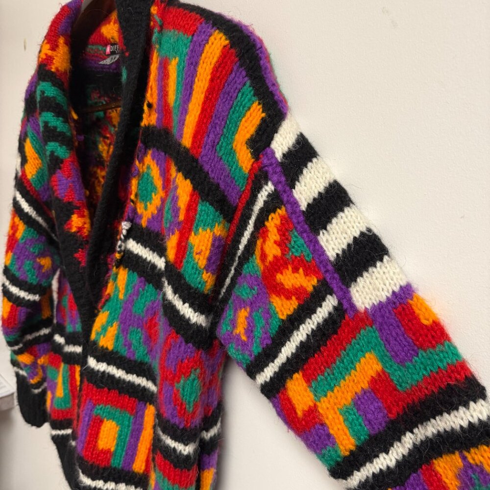 Vintage 90s Bright Print Wool Blend Chunky Oversized Cardigan Sweater Geometric - Picture 7 of 10